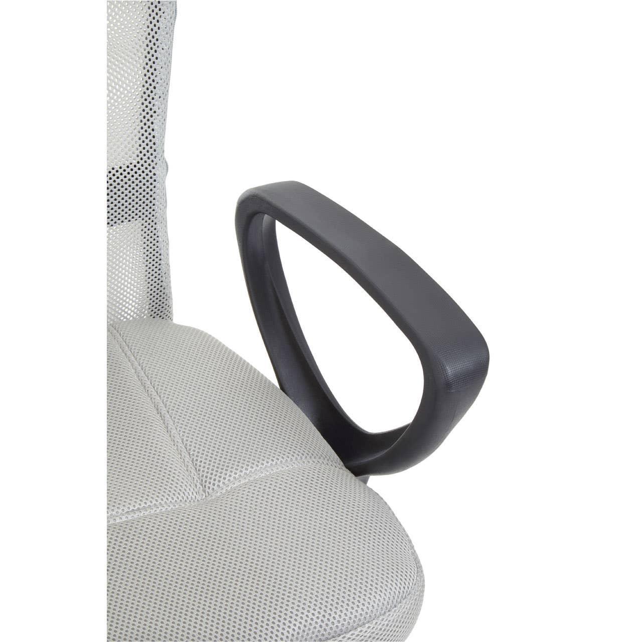 Grey mesh office chair with black plastic armrest closeup