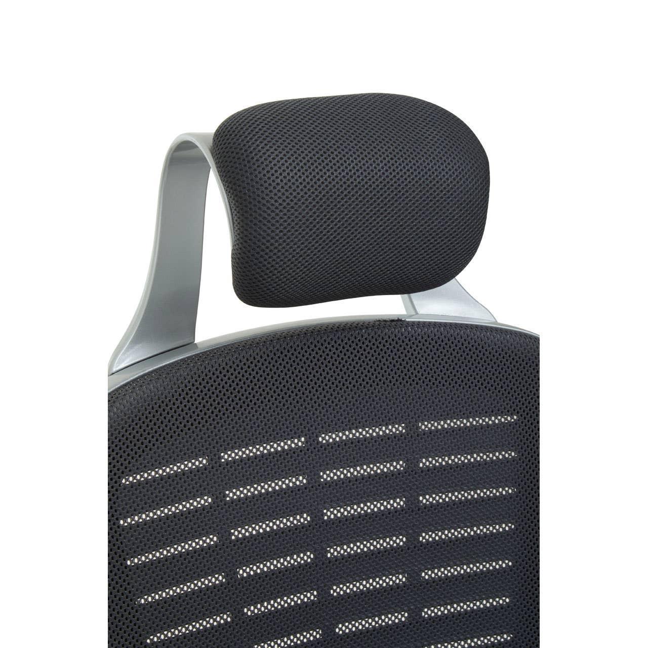 Black mesh office chair headrest and ergonomic backrest close-up