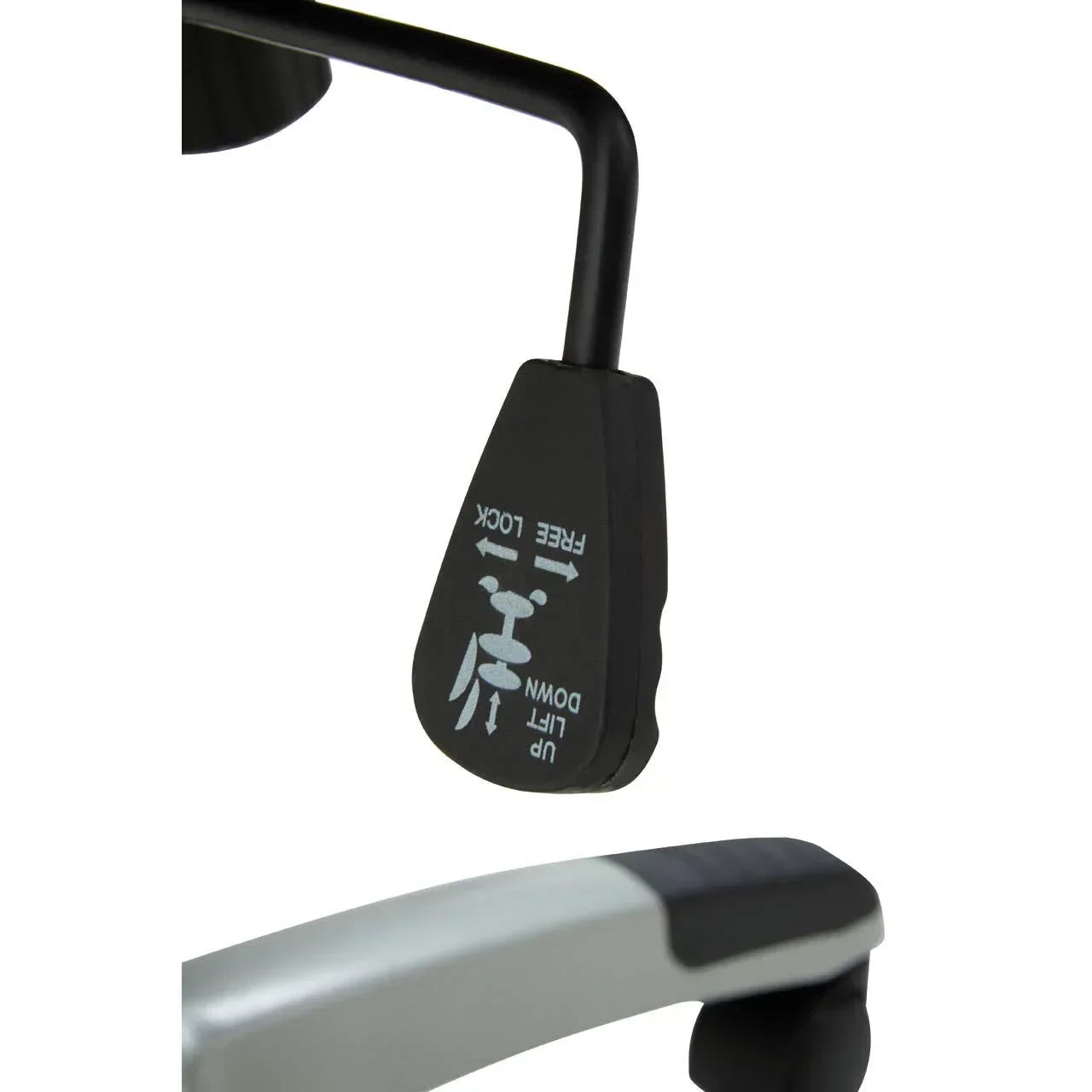 Closeup of office chair lever showing seat height and lock adjustment instructions