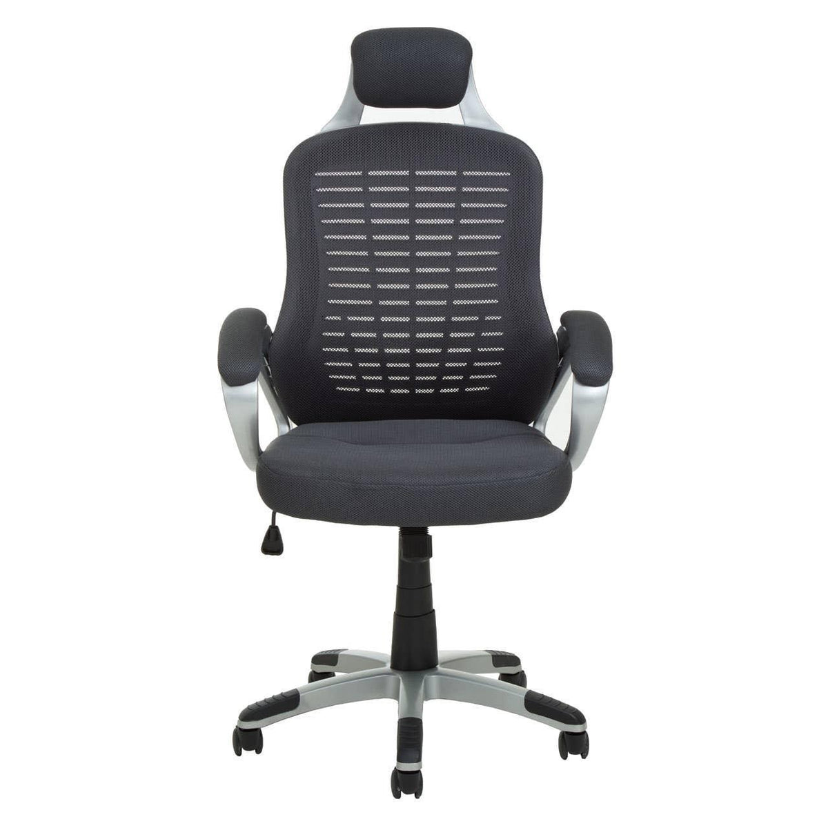 Grey mesh-back office chair with headrest and chrome five-star base, front view