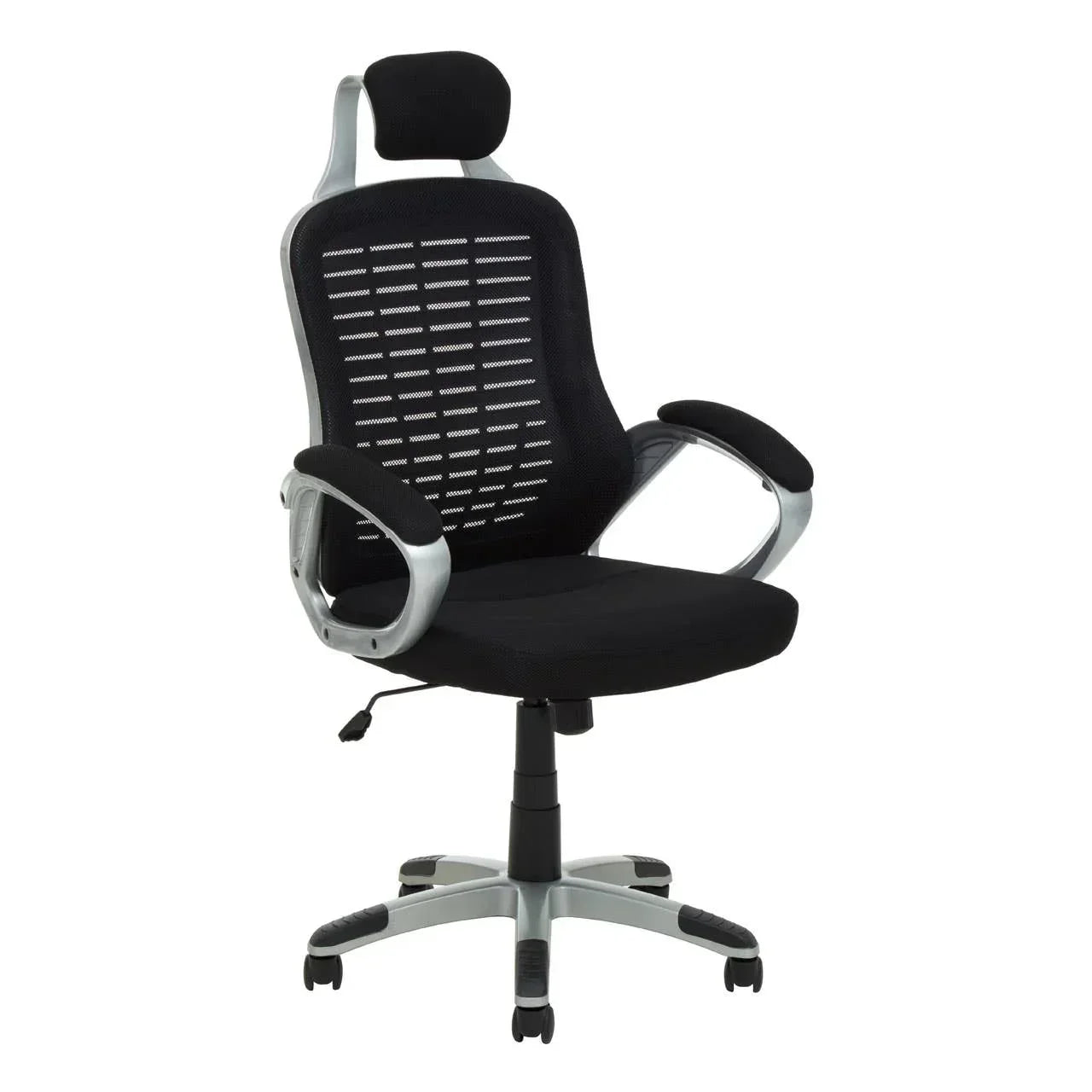 Black mesh office chair with headrest, silver armrests, and swivel base on castor wheels