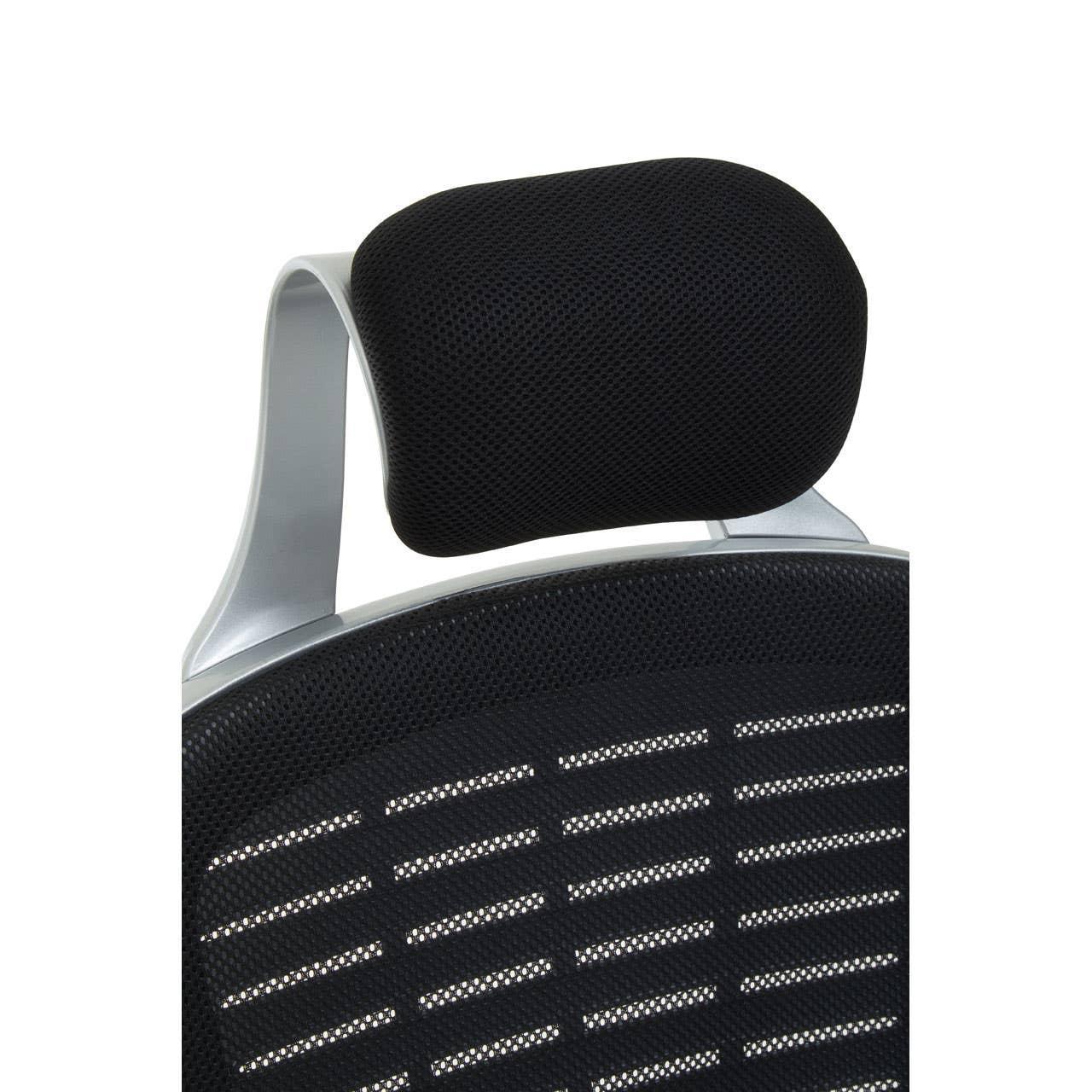 Black mesh office chair headrest with silver frame closeup