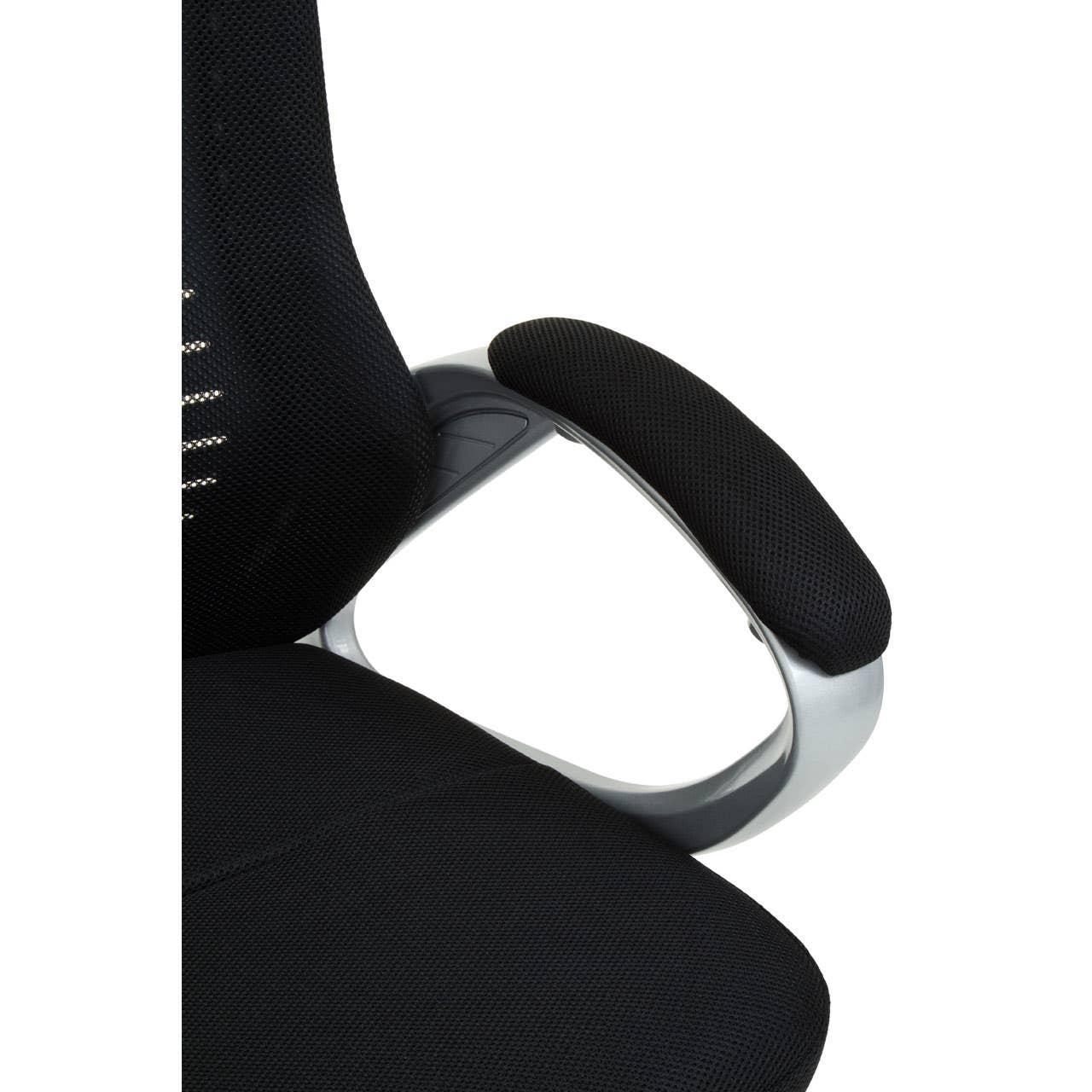 Black mesh office chair closeup showing padded armrest and ergonomic back support