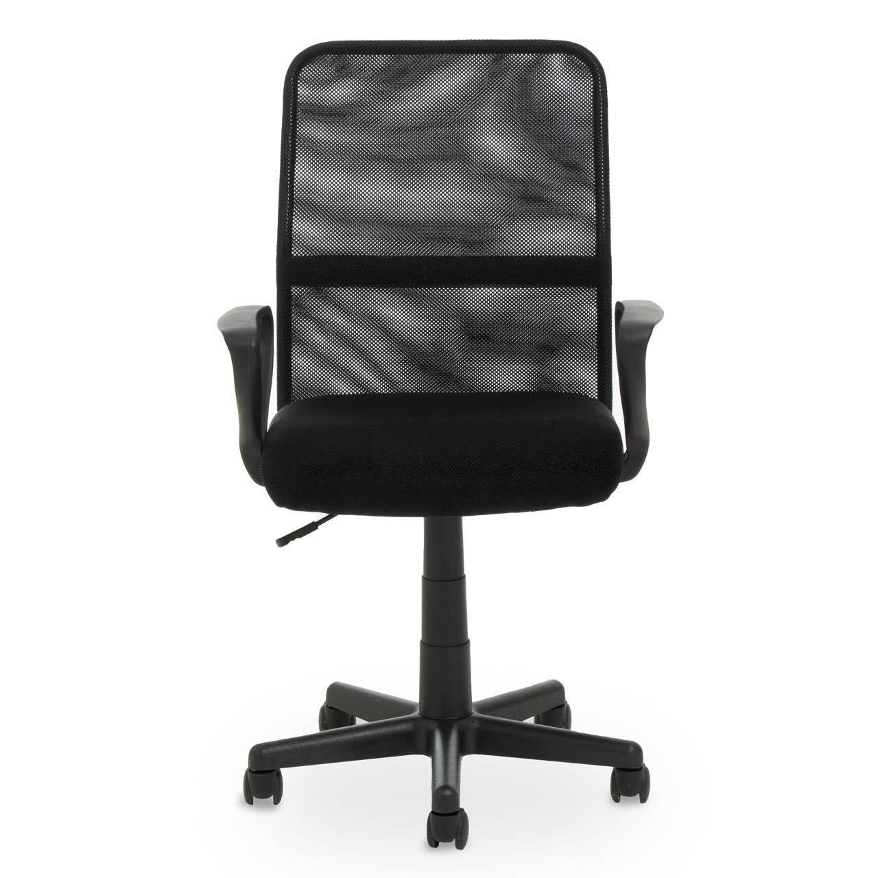 Black mesh office chair with armrests, cushioned seat and wheeled base, front view