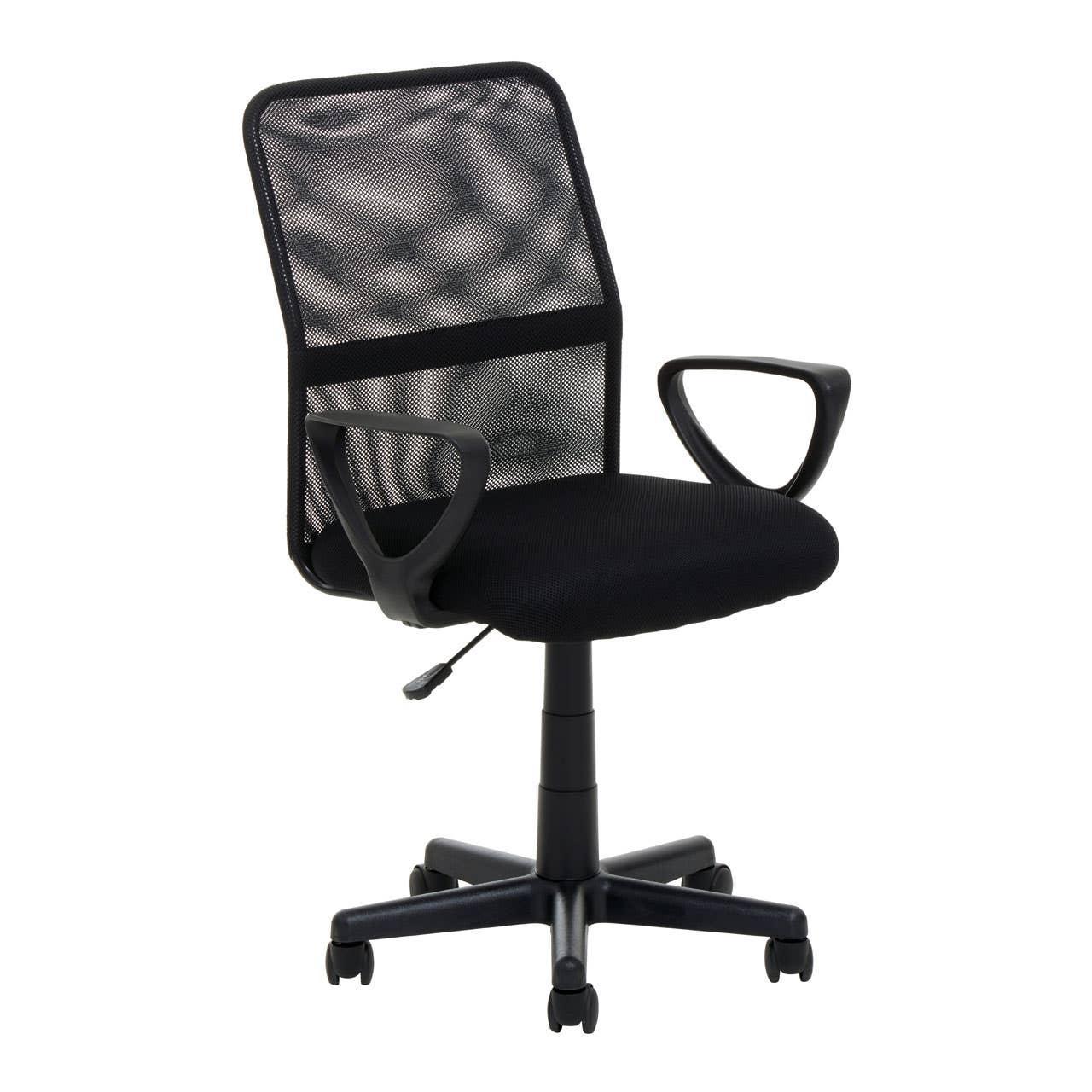 Black mesh office chair with armrests and adjustable height on five-wheel base