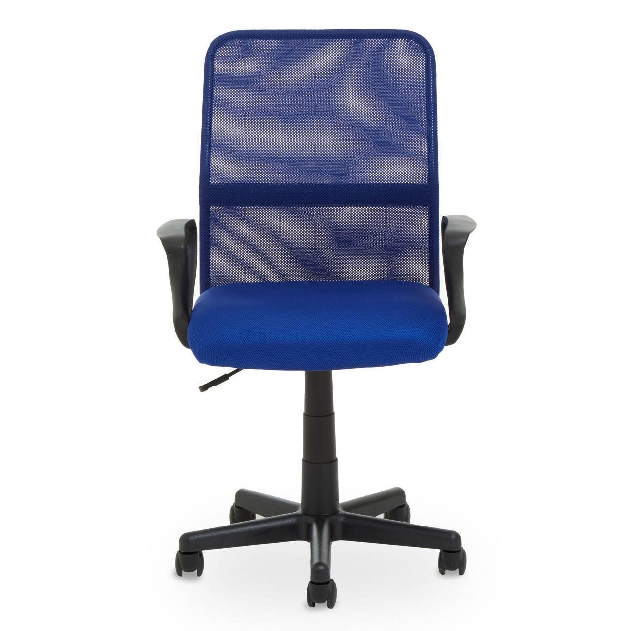 Blue mesh office chair with armrests and adjustable height, front view on white background