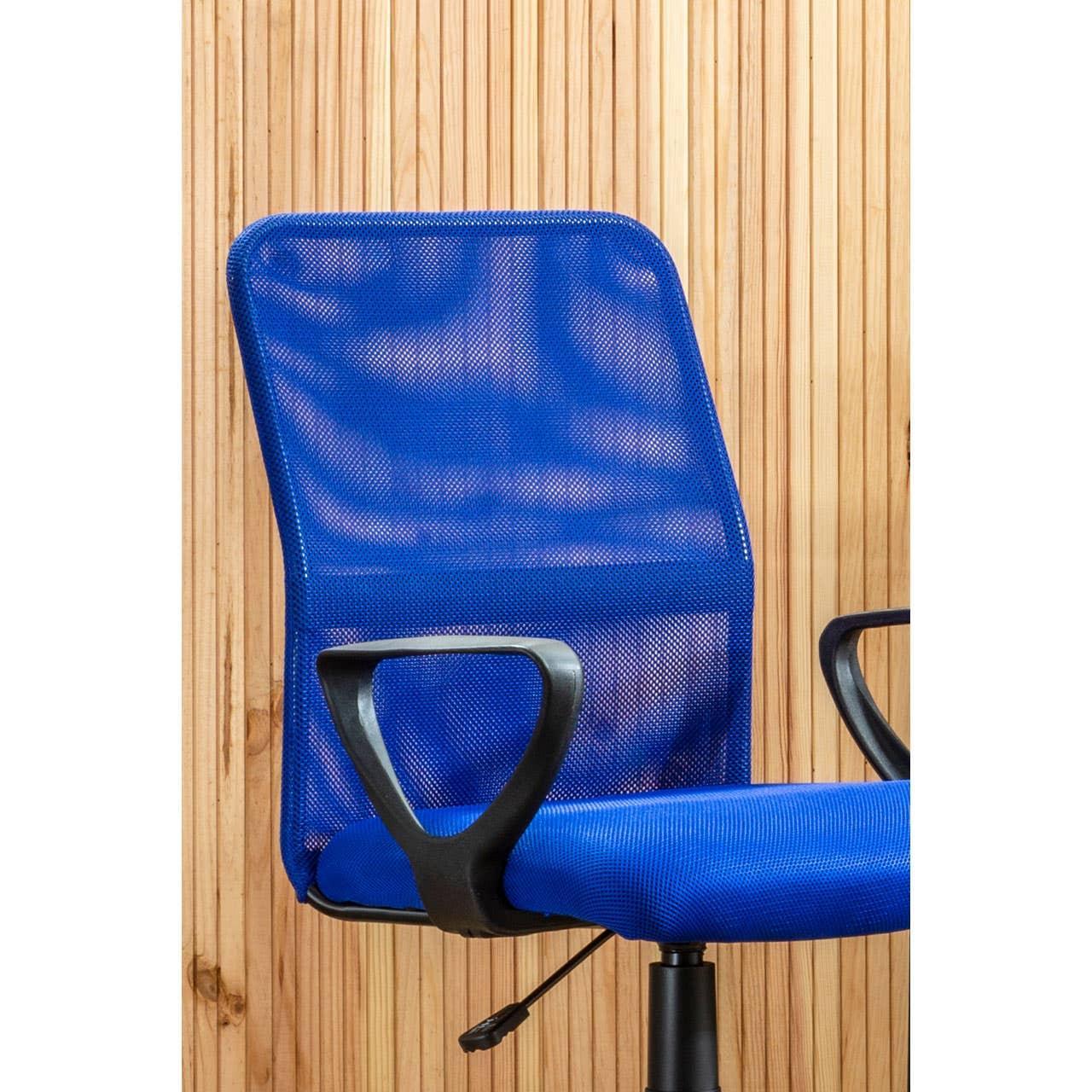 Blue mesh office chair with black armrests and adjustable height against wood panel wall