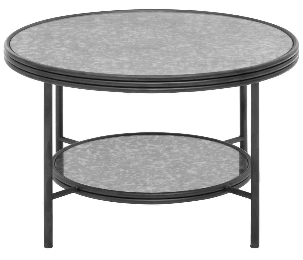 Round metal coffee table with two grey shelves and black frame, front angle view