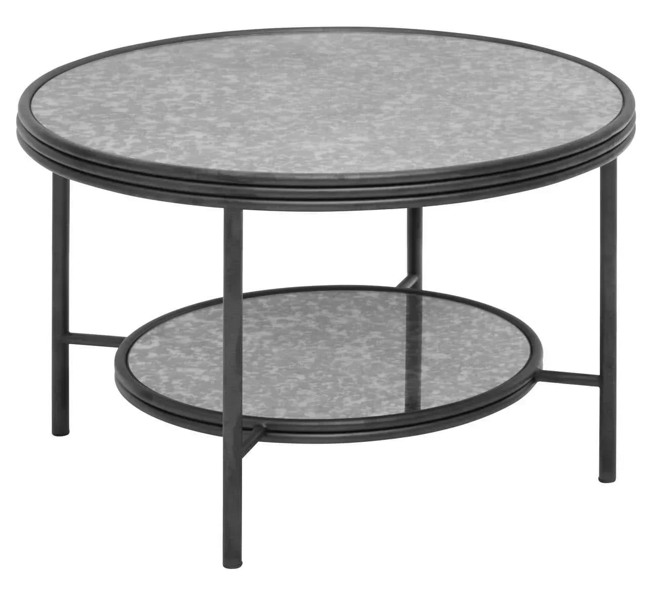 Round glass coffee table with black metal frame and lower shelf, front angle view