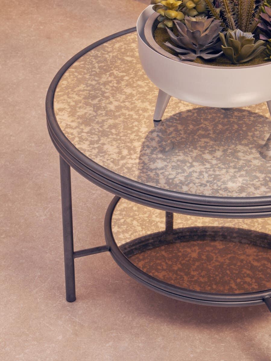 Round glass coffee table with black metal frame and lower shelf, topped with succulent planter
