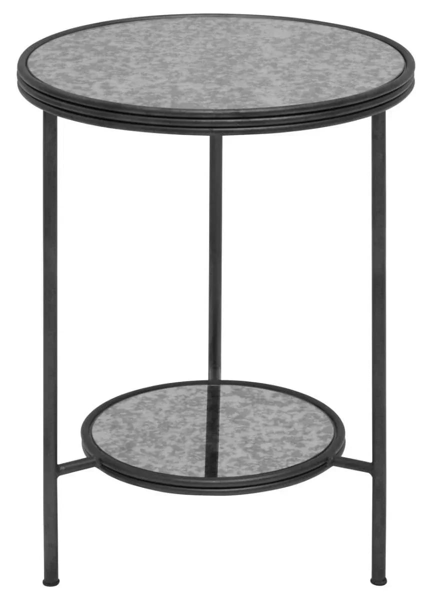 Round metal side table with grey textured top and lower shelf