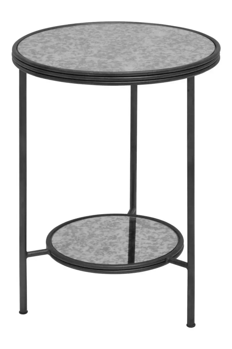Round metal side table with two-tier mirrored shelves and black frame