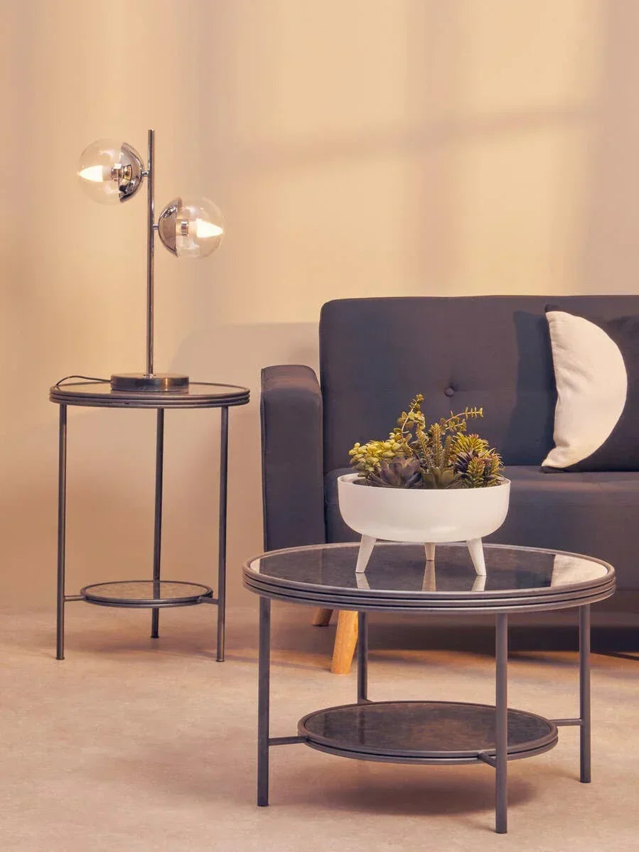 Glass coffee table with metal frame, potted plant, round side table and modern sofa