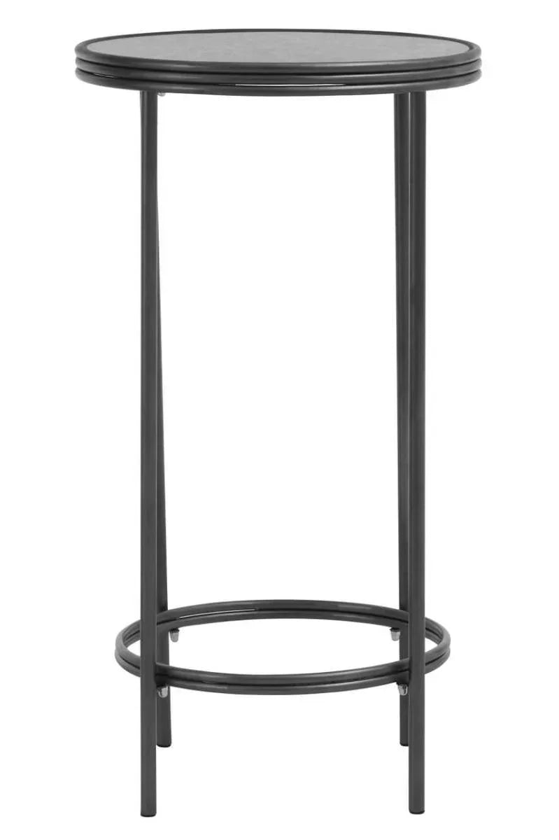 Black round metal side table with minimalist design and circular base support