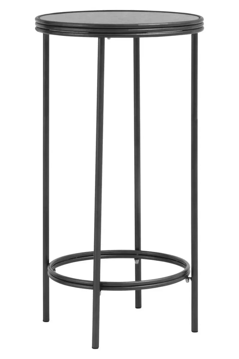 Black metal side table with round top and minimalist legs