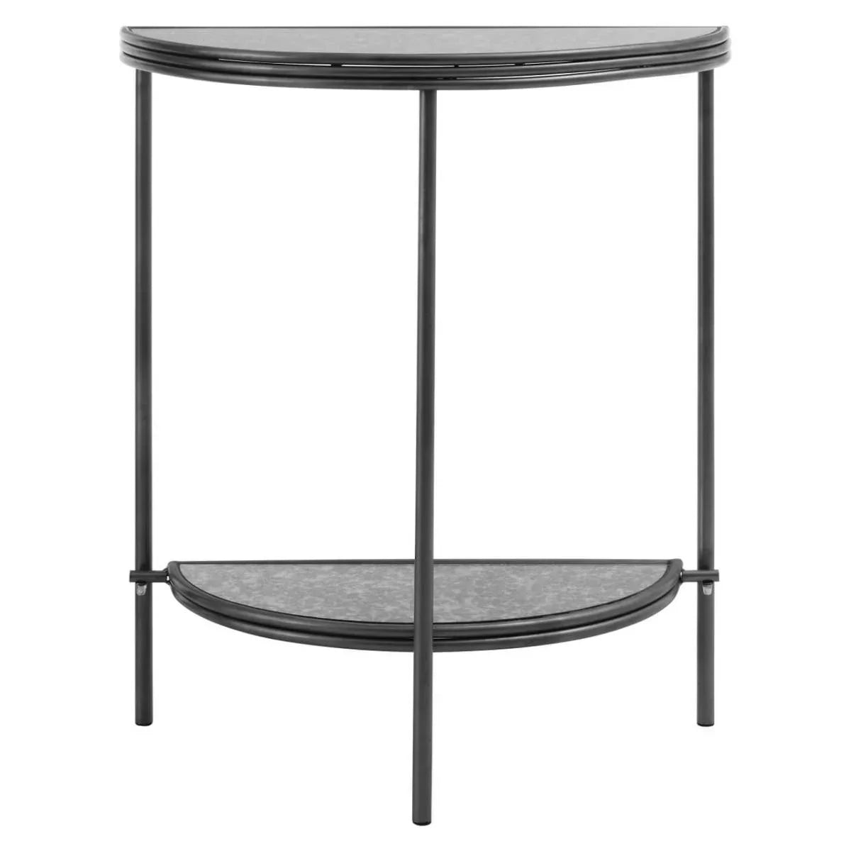 Black metal console table with half-moon glass top and lower shelf, front view