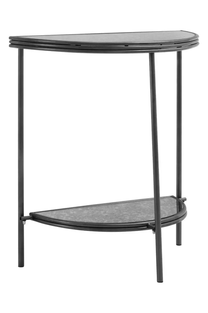 Black metal console table with two semicircular glass shelves and slim legs
