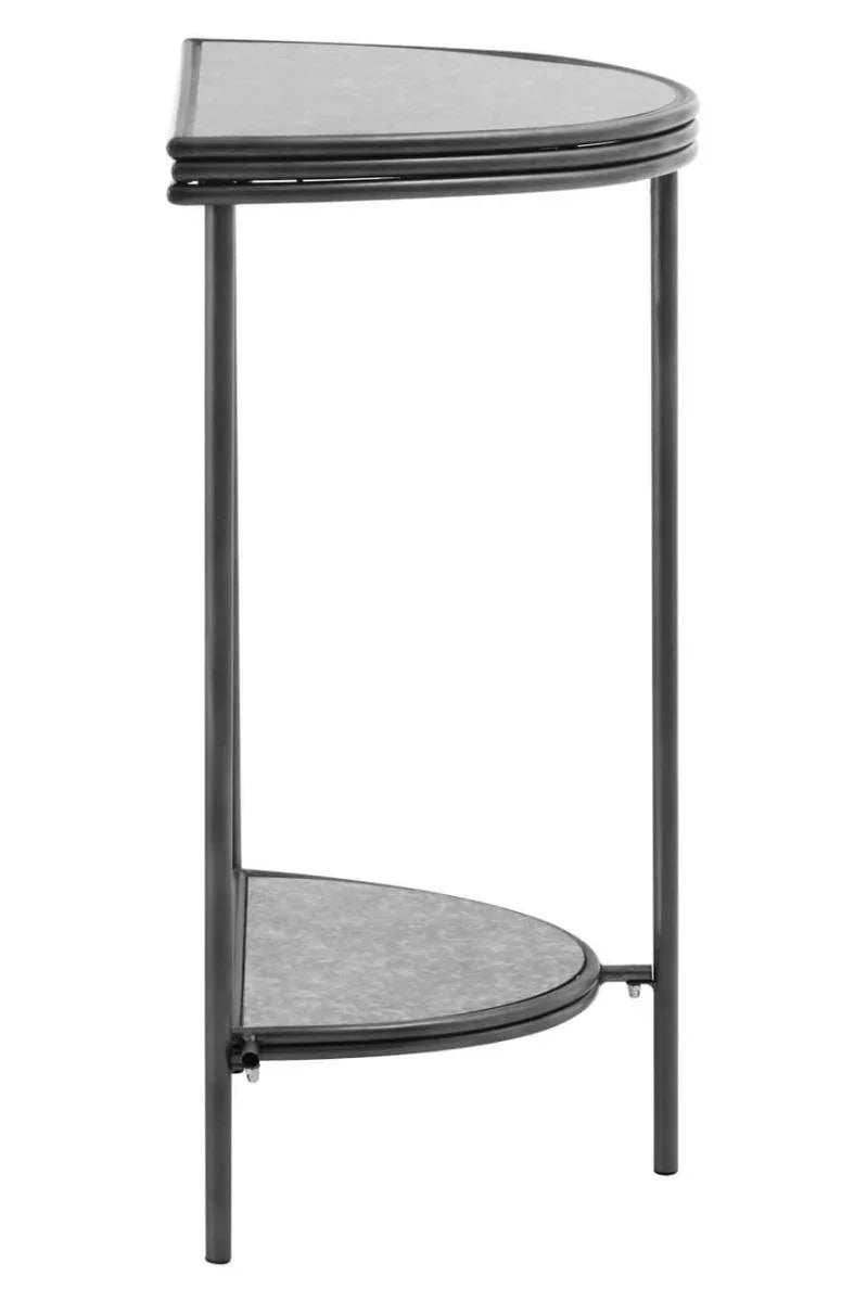 Black metal corner table with two tier semi-circle shelves, side profile view