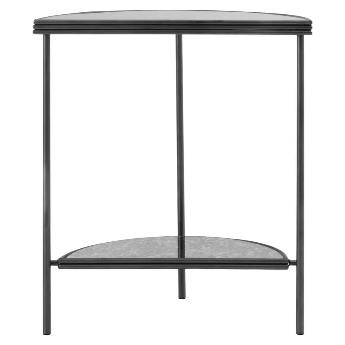 Black metal side table with glass top and lower shelf, shown from the front