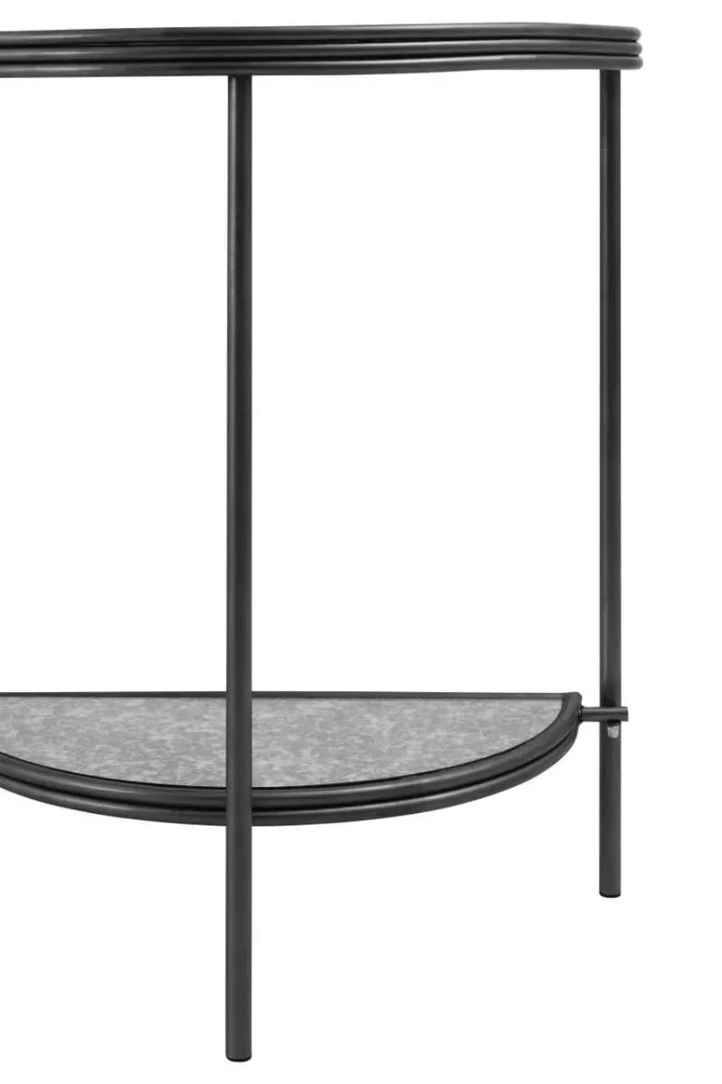 Black metal console table with semi-circular design and lower shelf