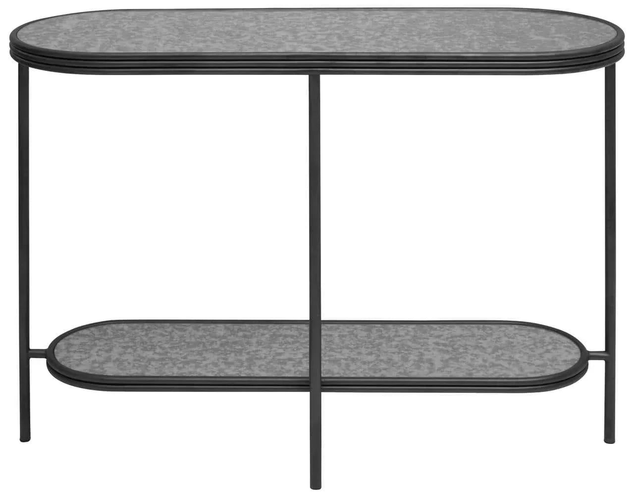Oval metal console table with lower shelf and black frame
