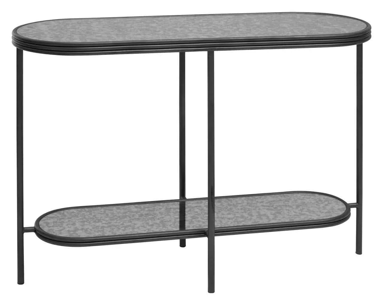 Black metal console table with oval glass top and lower shelf