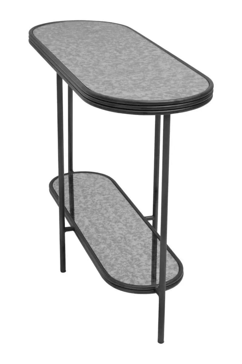 Metal console table with two oval shelves and black frame