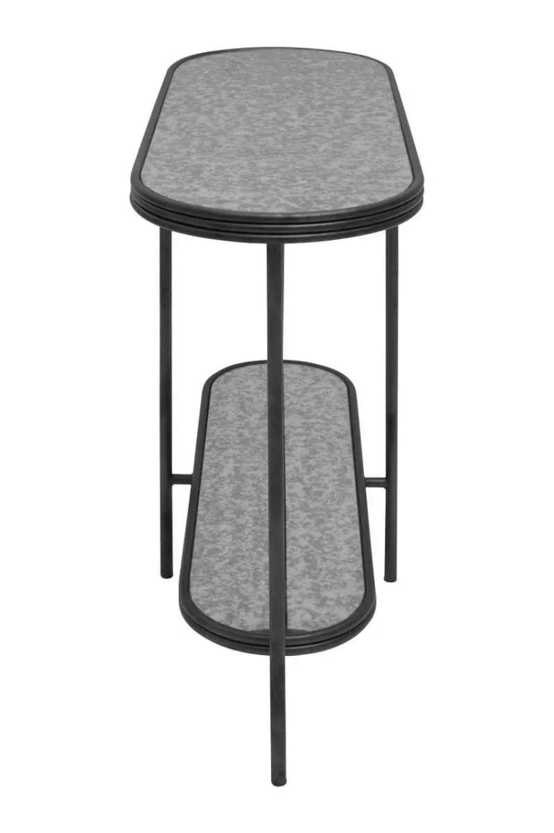 Metal console table with grey top and lower shelf, black frame, front view