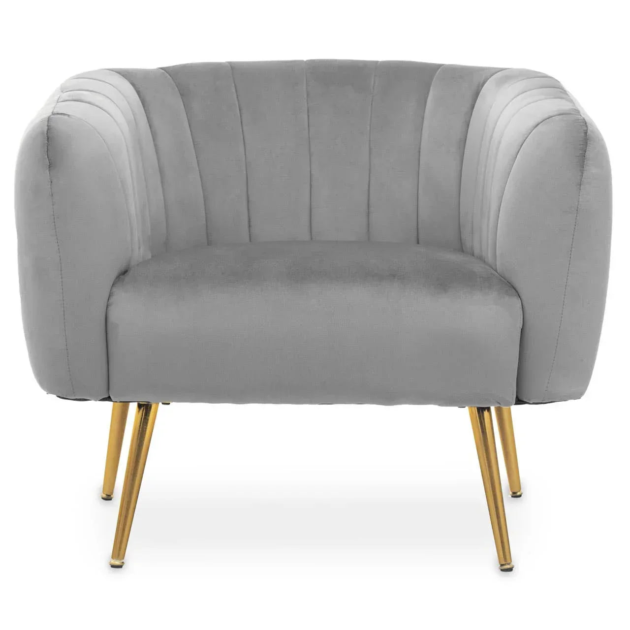 Grey velvet accent chair with gold metal legs and curved backrest, front view