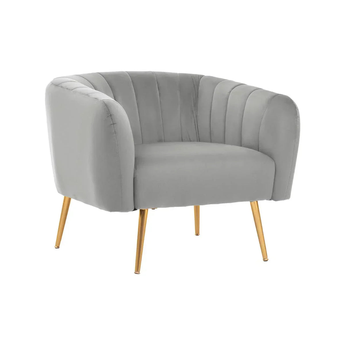 Grey velvet accent armchair with channel tufting and gold metal legs, front angle view