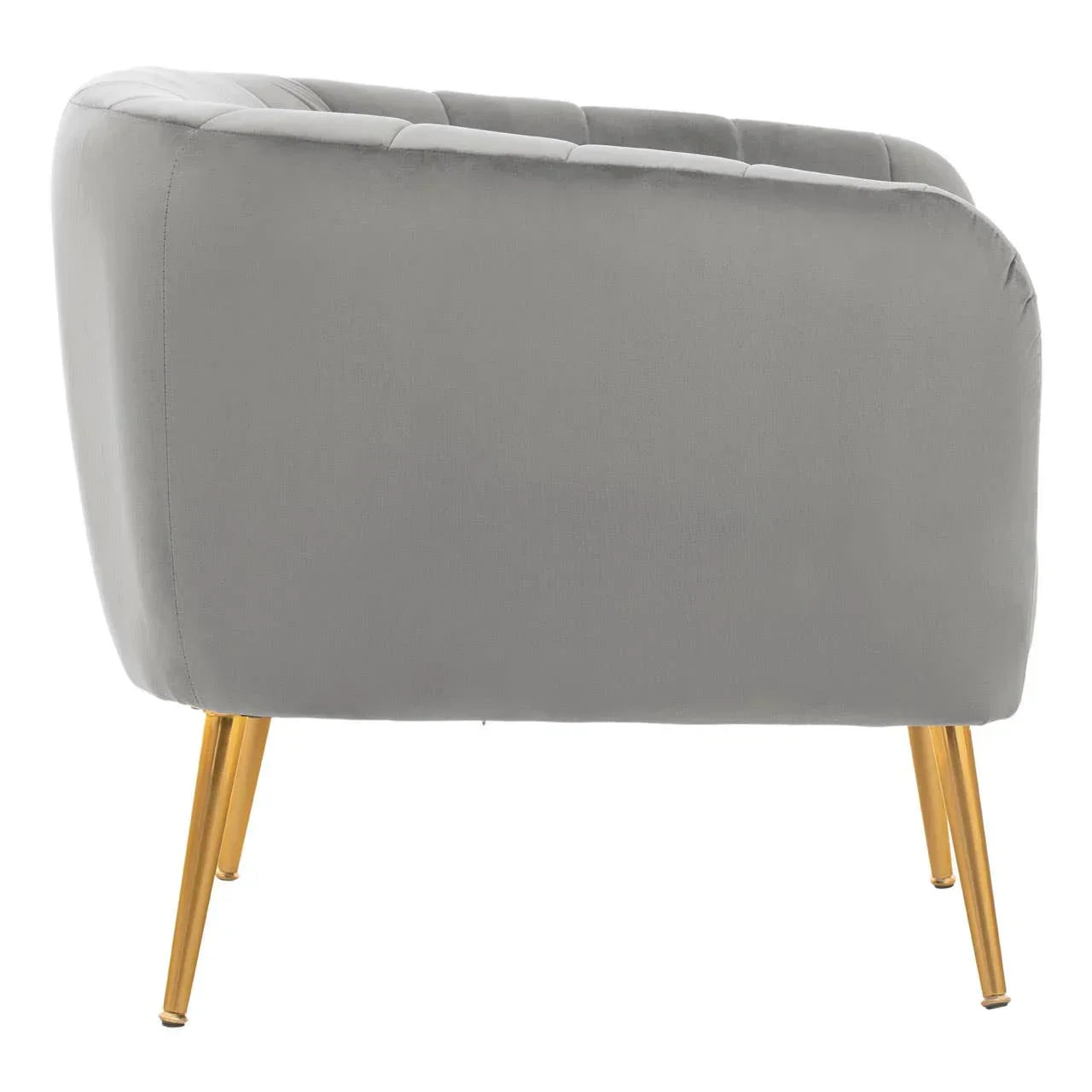 Back view of grey velvet armchair with gold metal legs