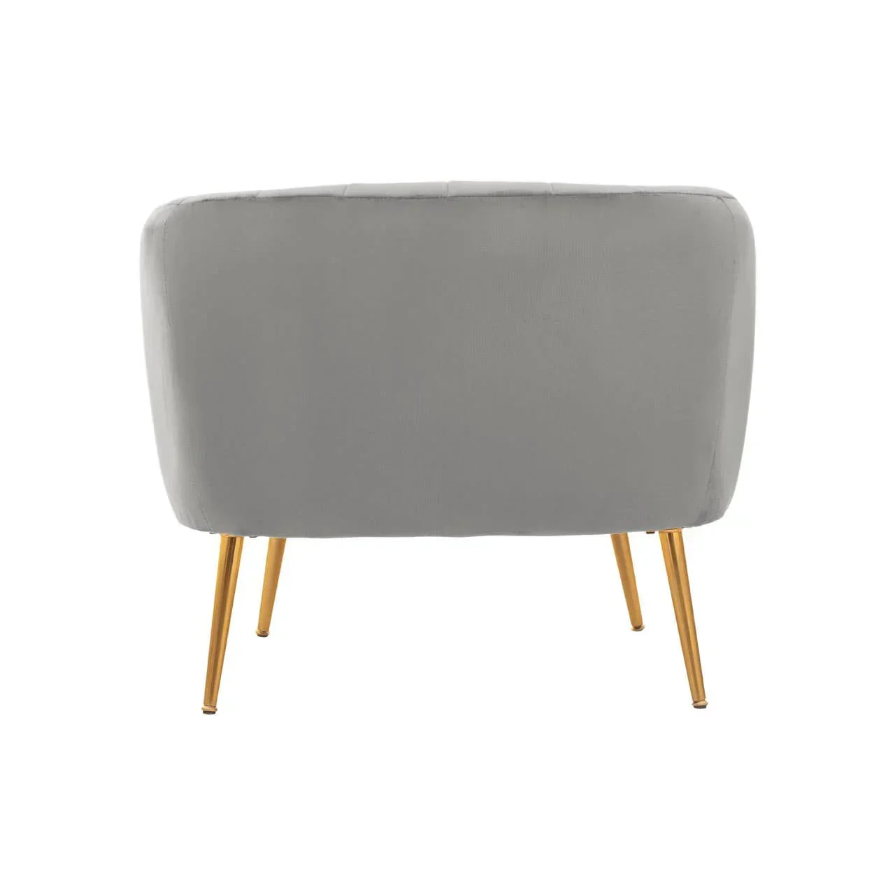 Back view of grey velvet accent chair with gold metal legs