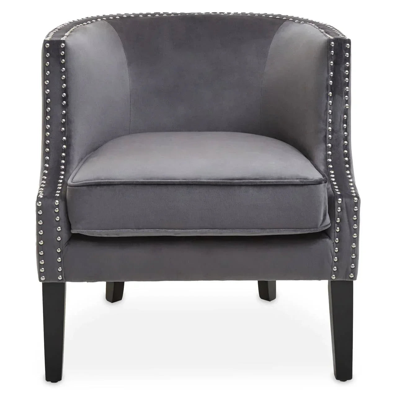 Grey velvet accent chair with silver stud detailing and black wooden legs, front view