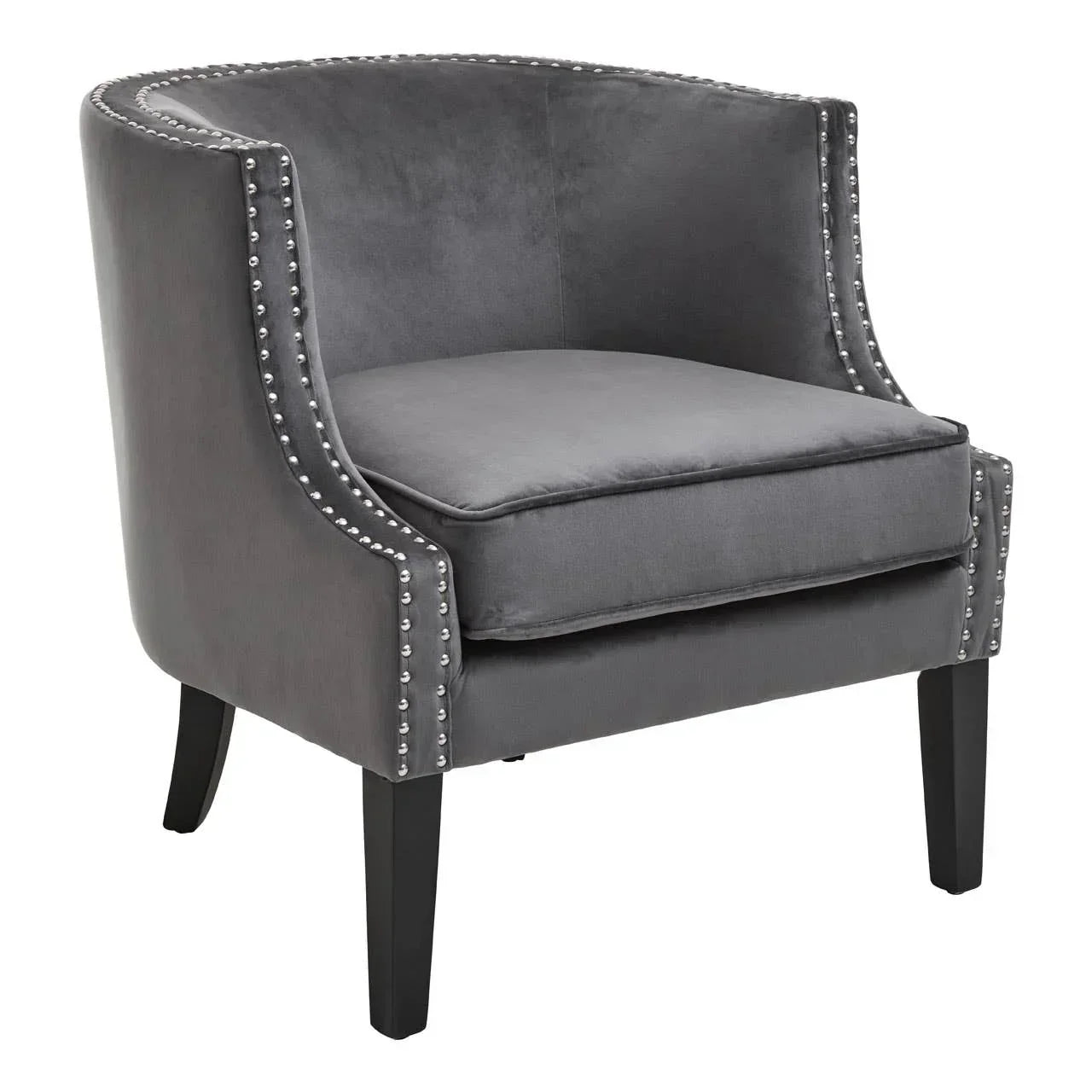 Grey velvet accent chair with silver stud detailing and black wooden legs