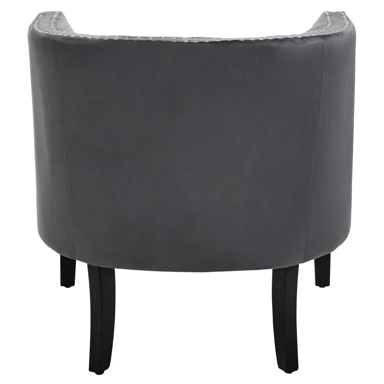 Back view of grey upholstered accent chair with curved design and dark wooden legs