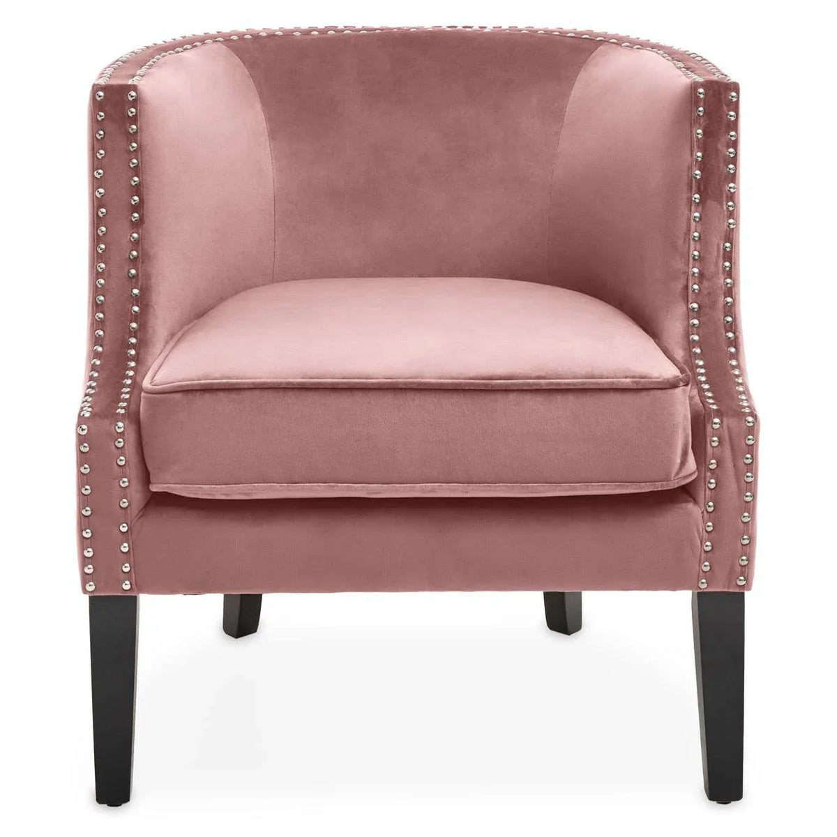 Blush pink velvet accent chair with silver stud detailing and black legs, front view