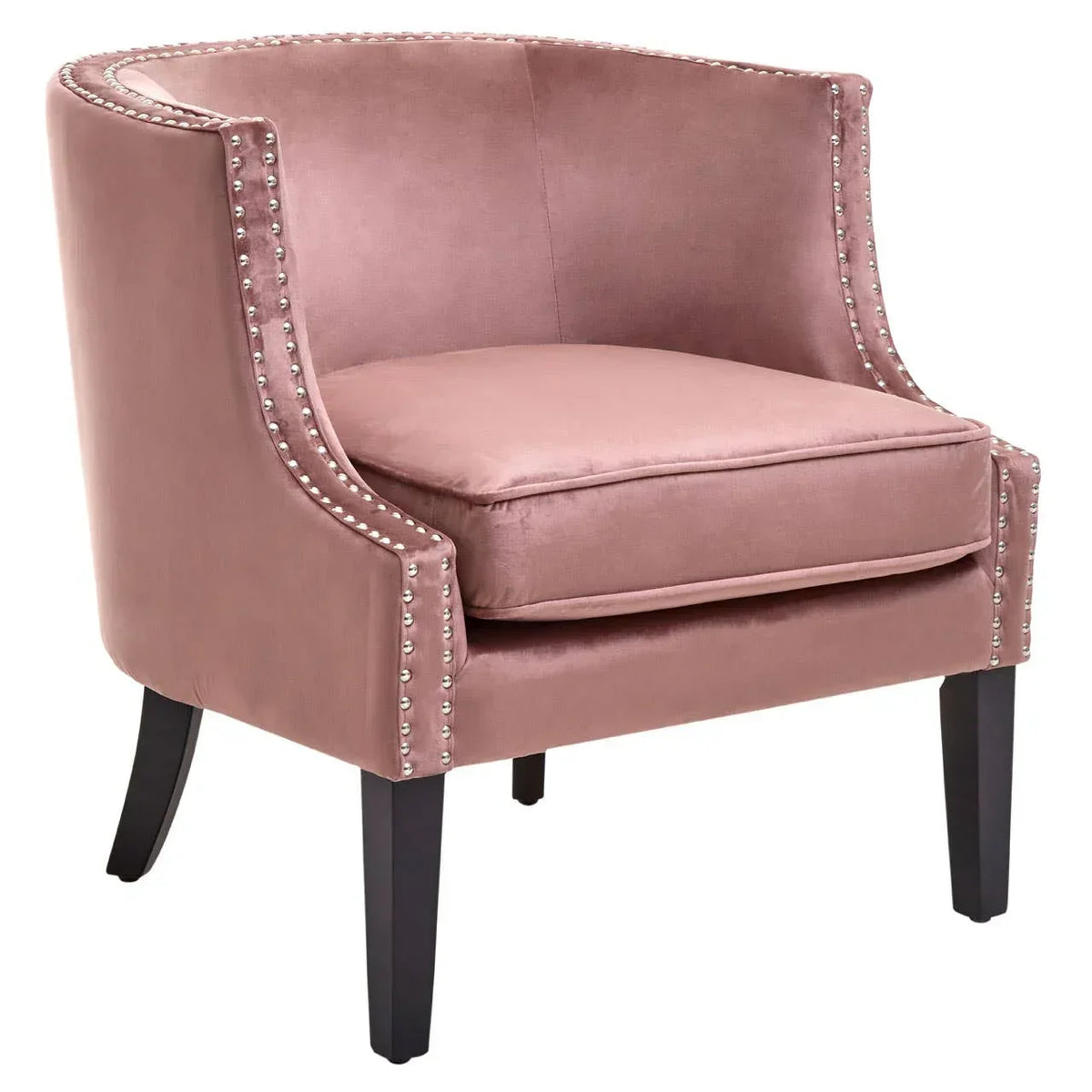 Pink velvet accent armchair with silver stud detailing and black wooden legs