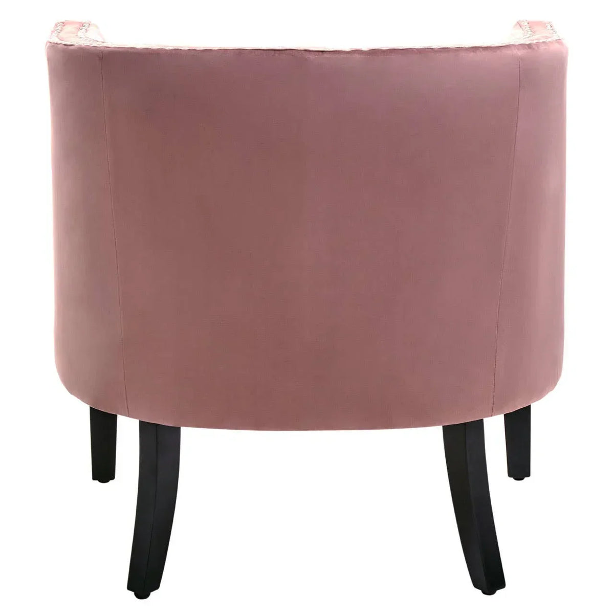 Back view of pink velvet accent chair with curved design and black wooden legs