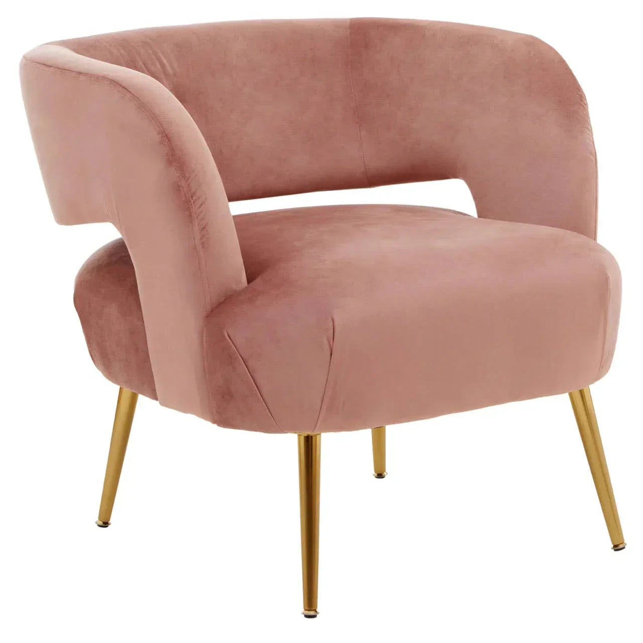 Blush pink velvet accent chair with curved backrest and gold metal legs