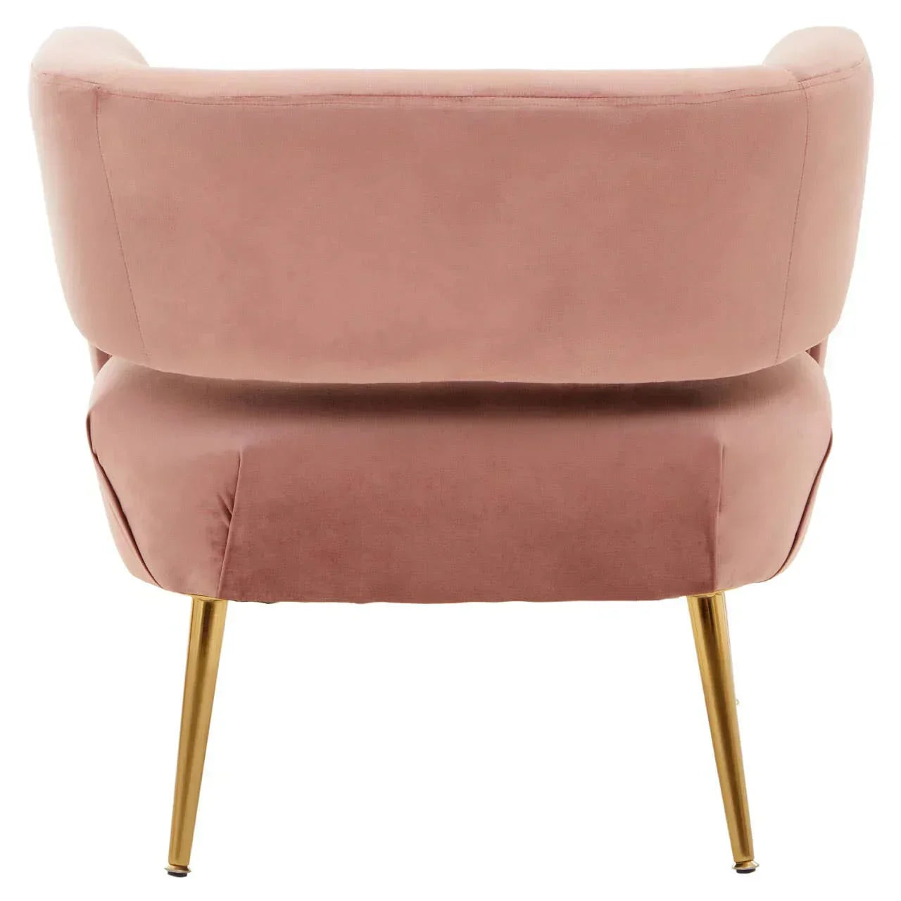 Blush pink velvet accent chair with gold metal legs viewed from the back