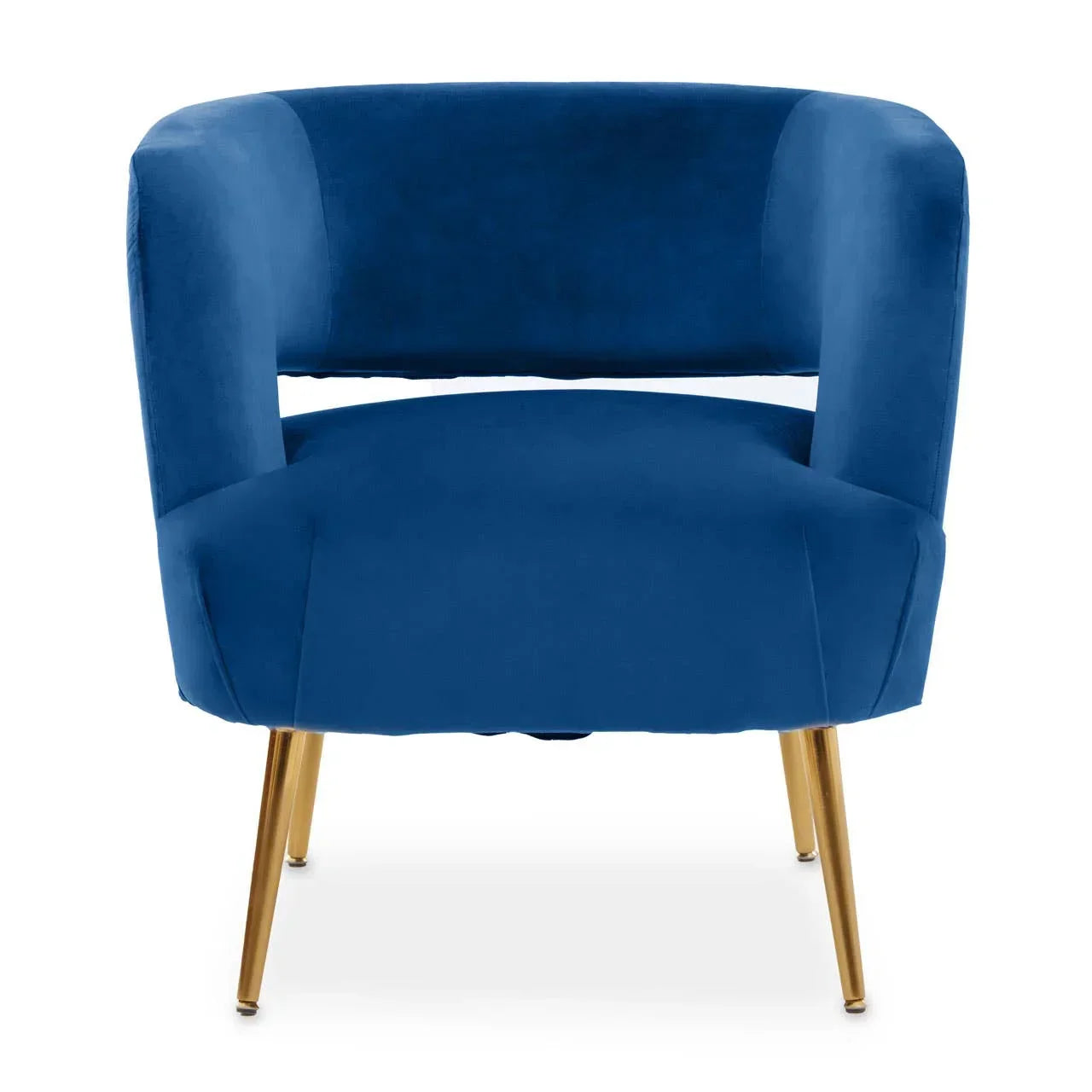 Blue velvet accent chair with open curved back and gold metal legs, front view