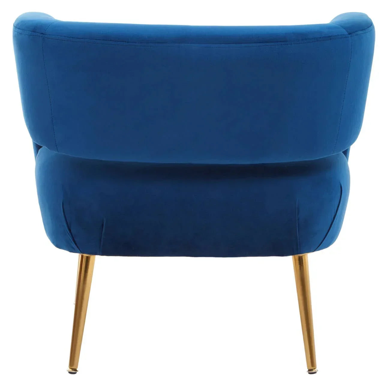 Back view of blue velvet accent chair with gold metal legs