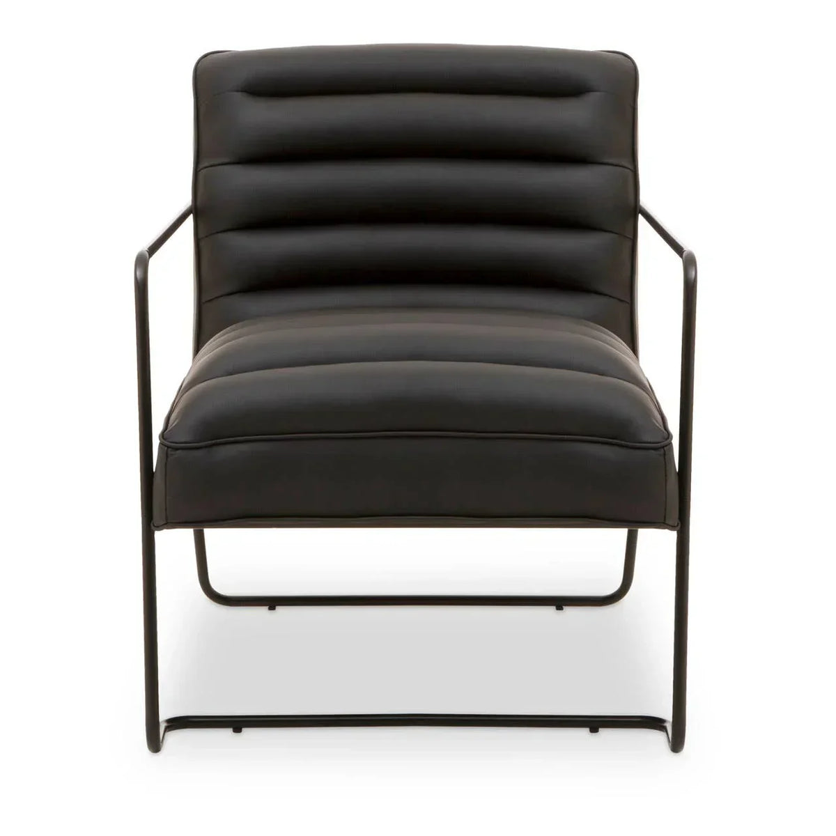Black leather accent chair with metal frame and horizontal channel tufting, front view