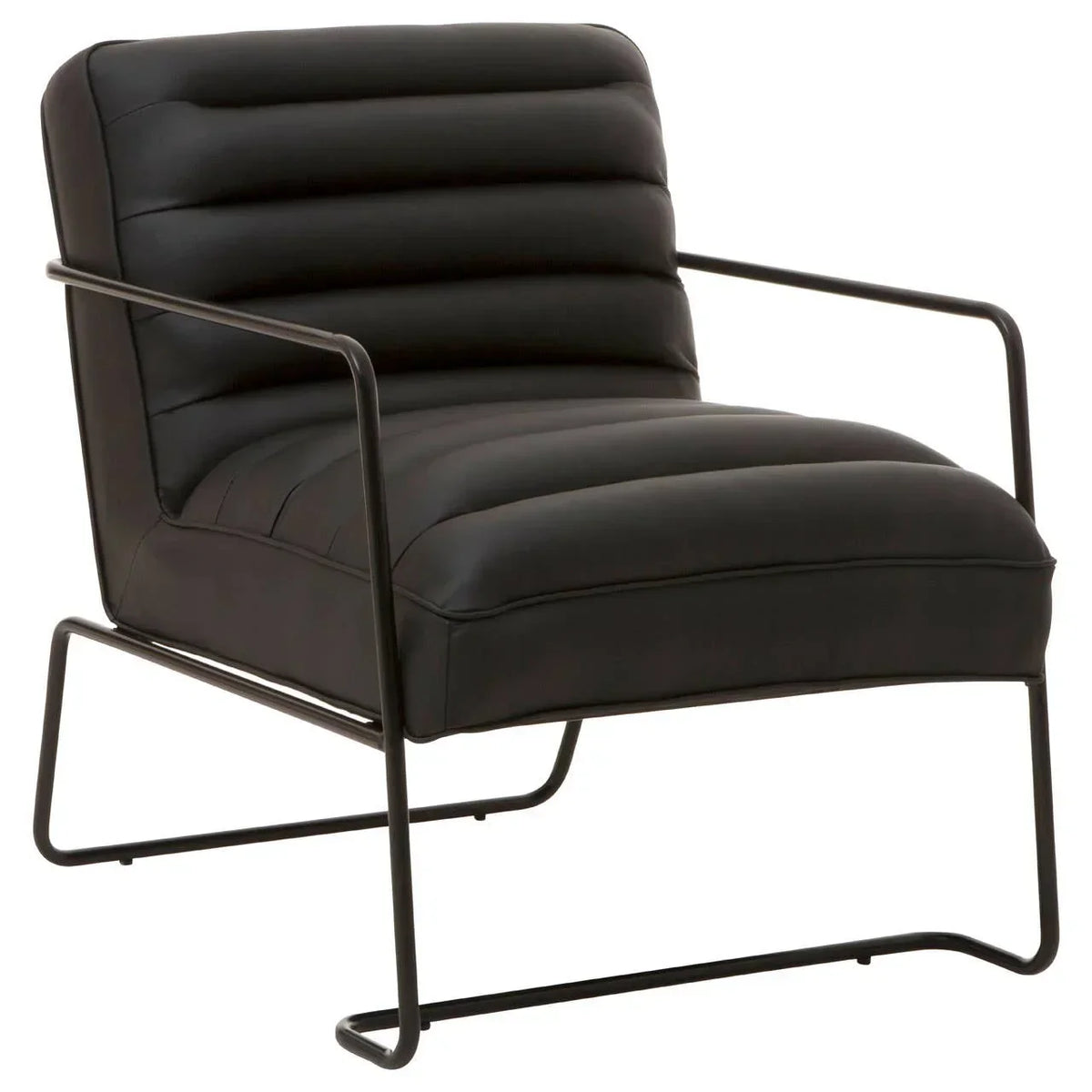 Black leather accent chair with metal frame and horizontal channel stitching