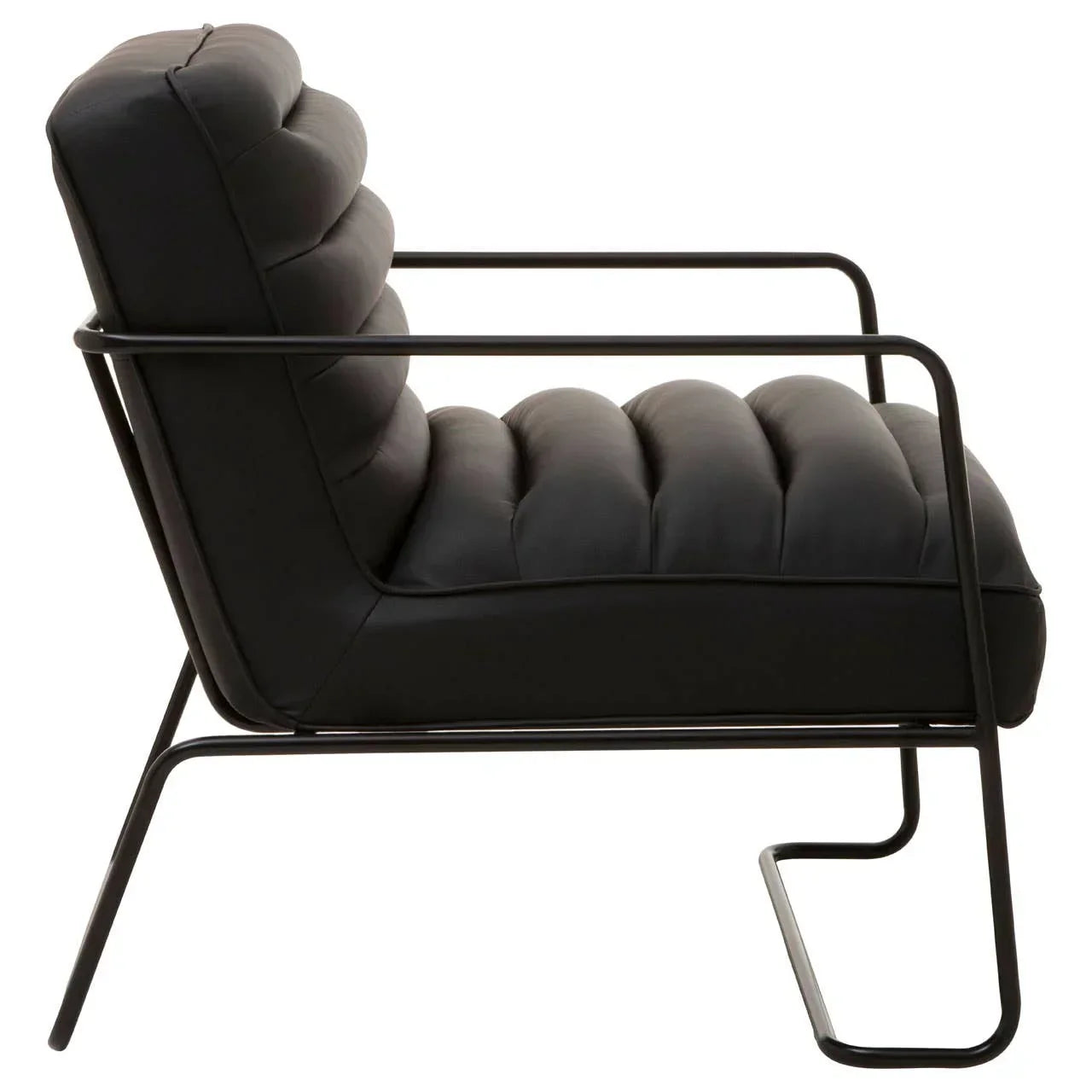 Black leather accent chair with metal frame, side profile view