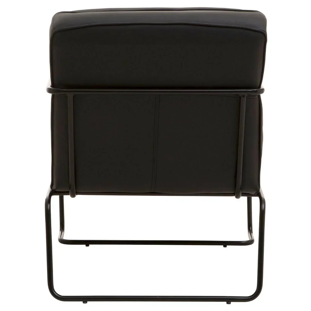Black leather armchair with metal frame shown from the back
