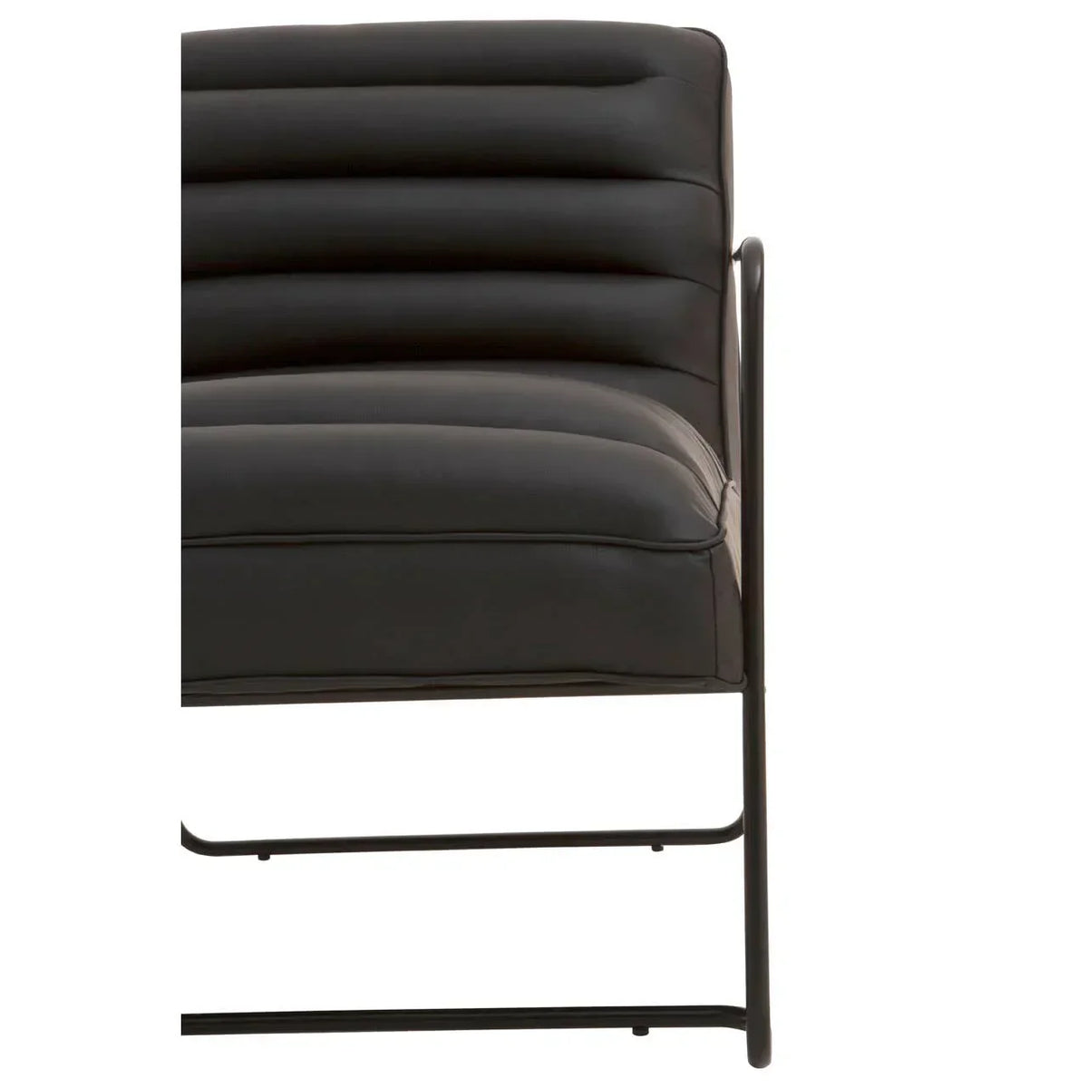 Black leather dining chair with ribbed seat and minimalist metal frame, side angle view