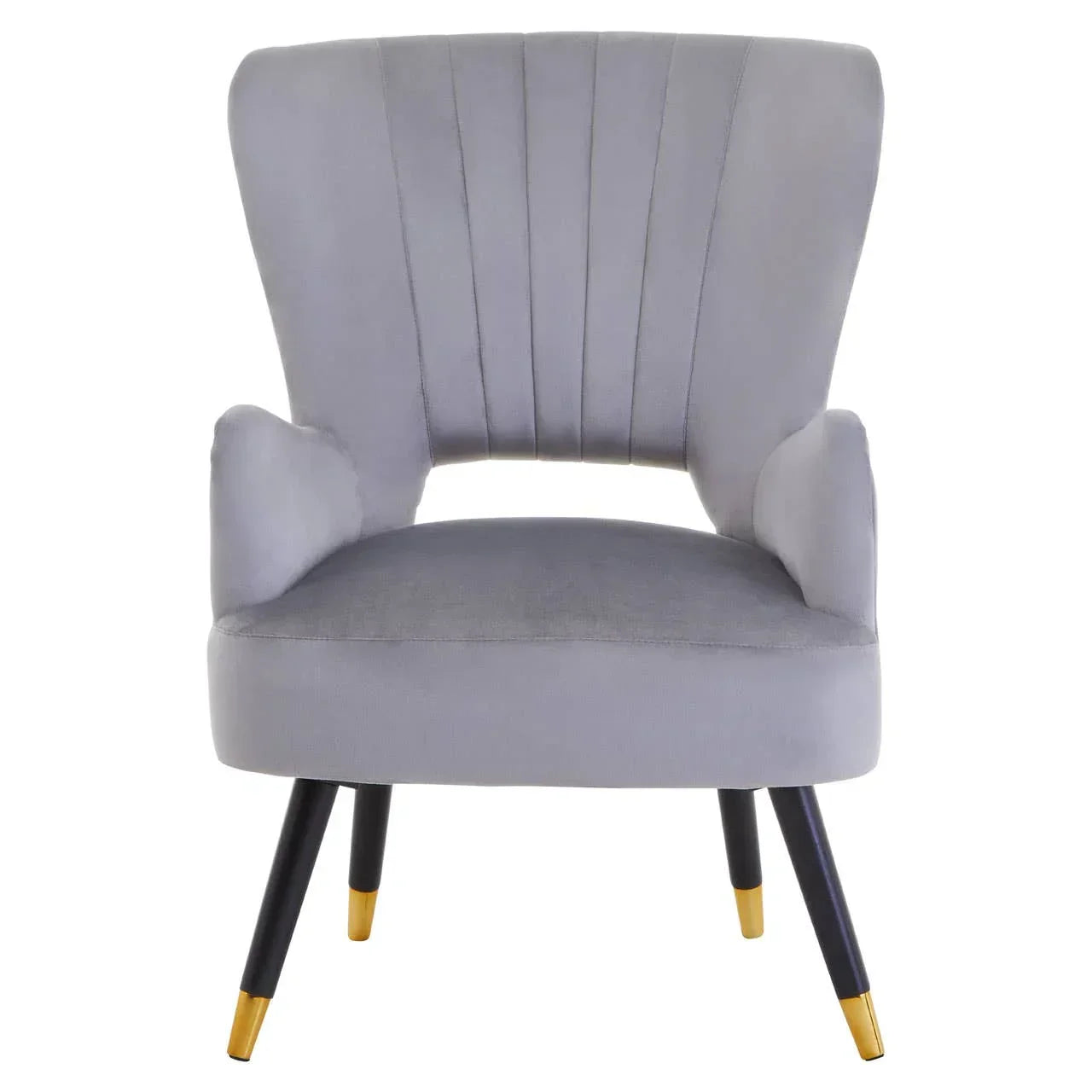 Grey accent chair with flared backrest and gold-tipped black legs front view