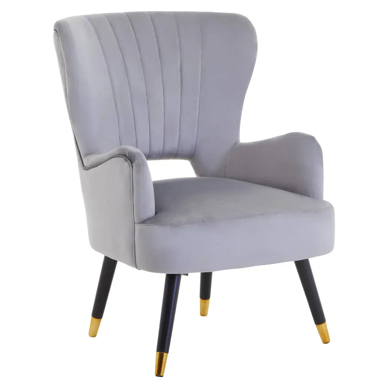 Grey velvet accent chair with vertical stitched backrest and black legs with gold tips