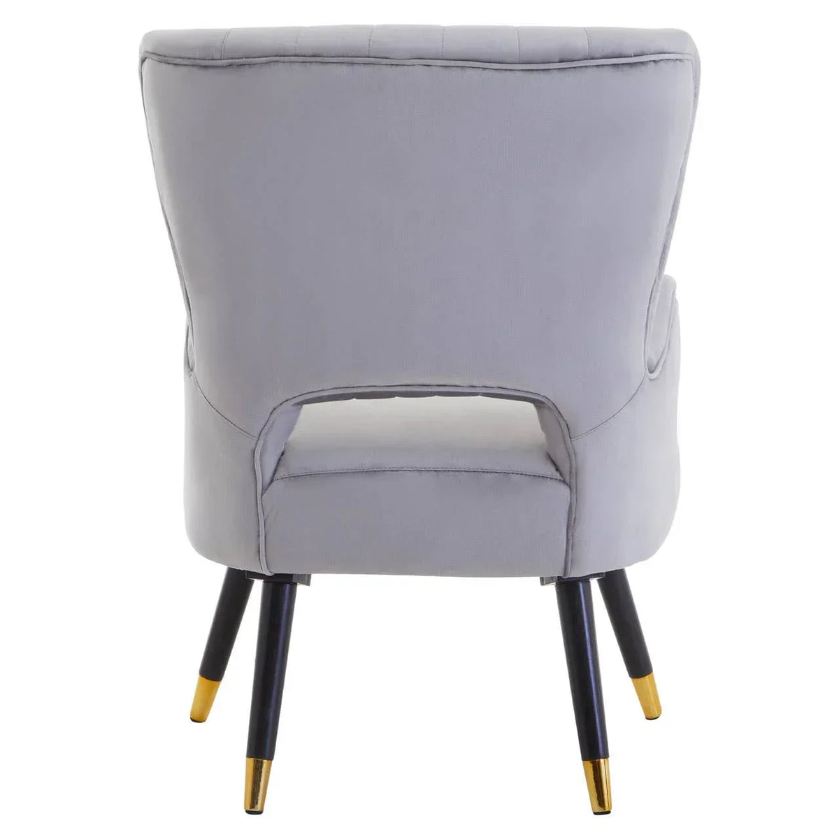 Grey accent chair with gold-tipped black legs, rear view showing open-back design